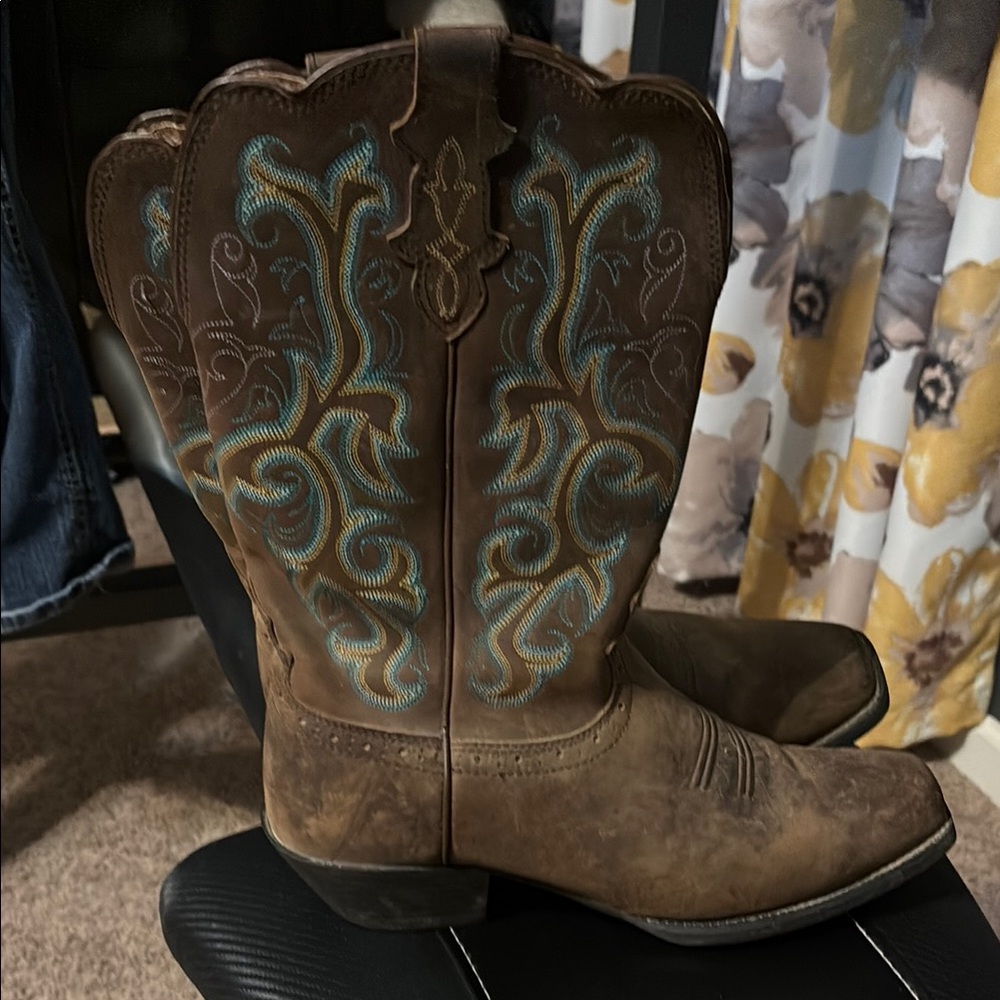 Justin brand Brown Cowboy Boots with Blue Embroidery